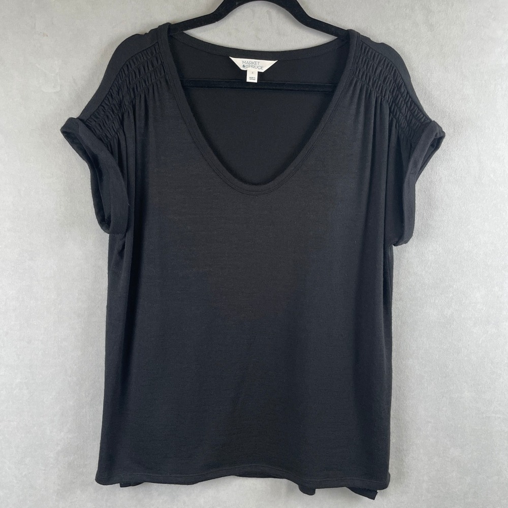 Market Spruce Womens L Black Smocked Shoulder V-Neck Cuffed Sleeve Top Soft Goth